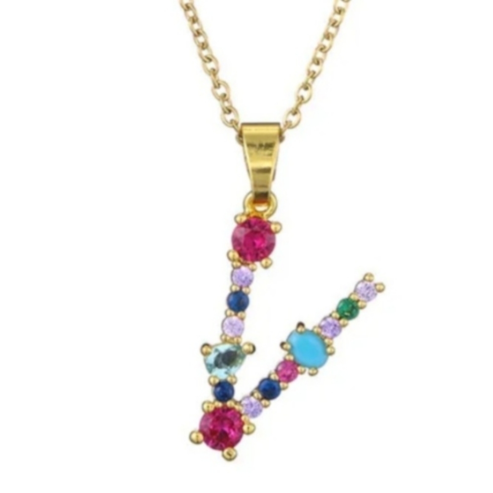 V Initial Pendant Necklace Multi-color Rhinestones Gold Tone Chain